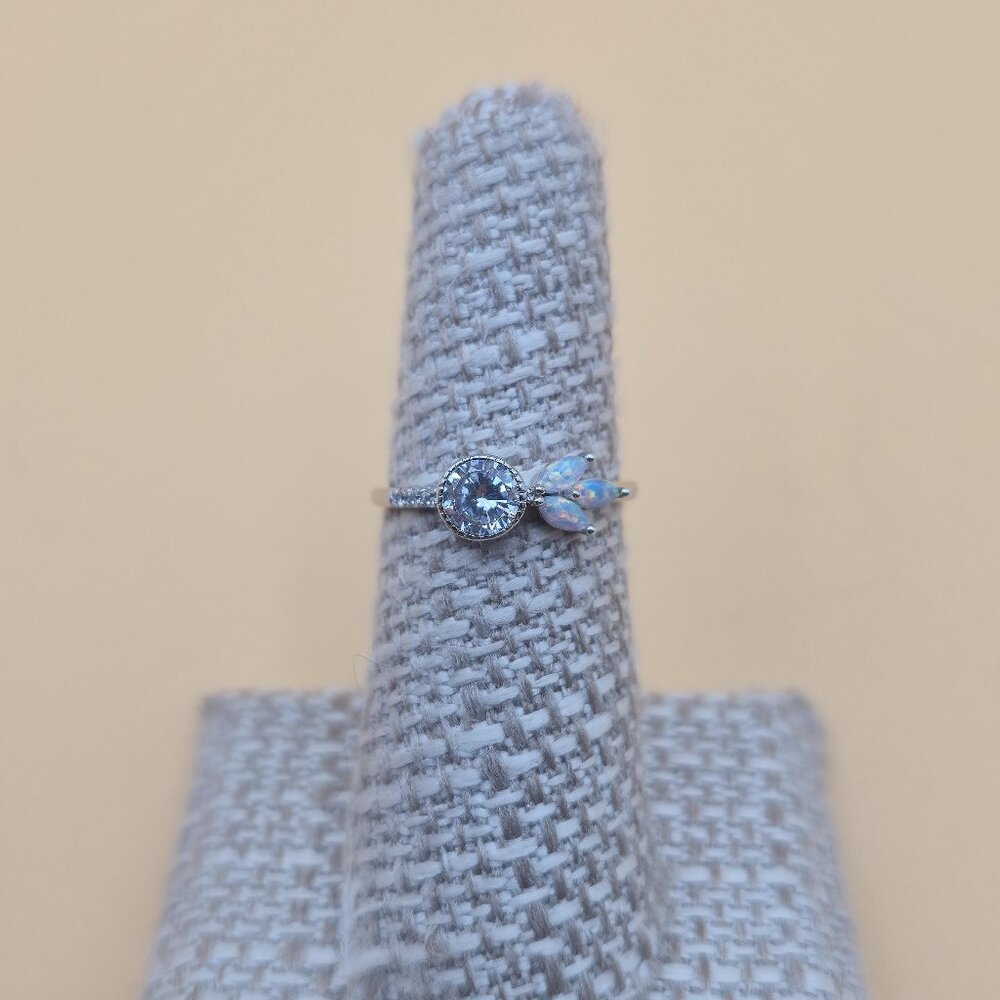 Size 6 Sterling Silver Round Cubic Zirconia With Opal Accents Ring A5884